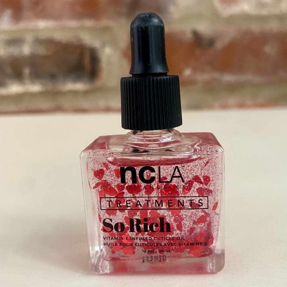 NCLA Vitamin E Infused Cuticle Oil, So Rich Love Potion with Hearts Glitter New.